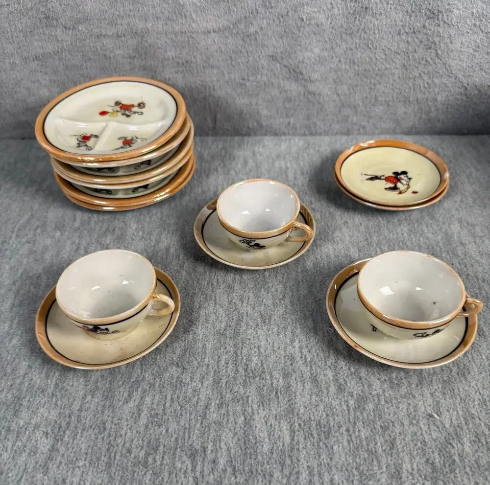 Vintage Lustreware Mickey Mouse Divided Plates for Child's Tea Set + Cups/Saucer